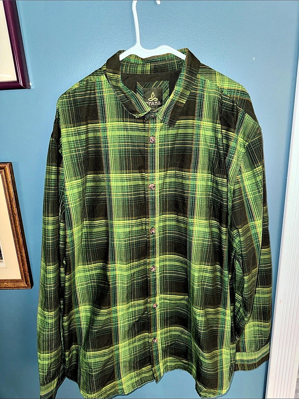 PrAna Plaid Organic Cotton Shirt in Green & Black XL Like New
